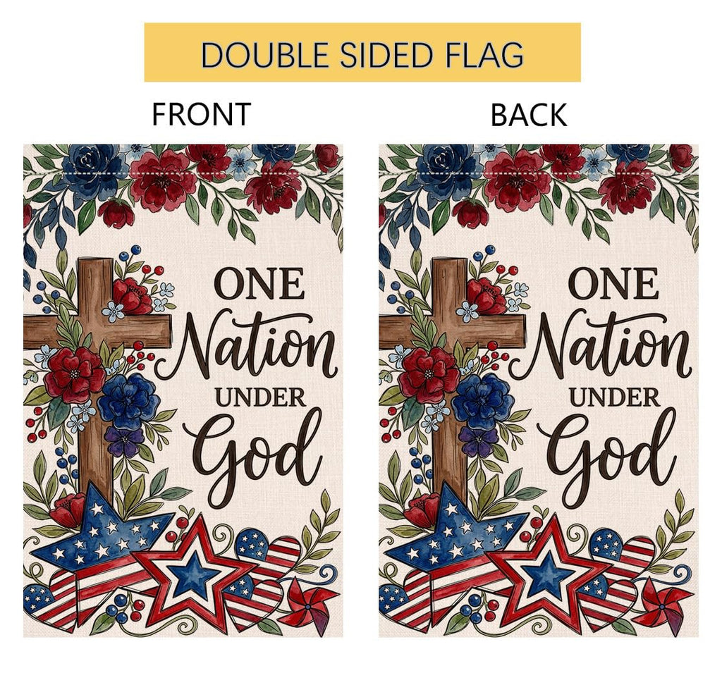 4th of July Floral Garden Flag 12x18 Vertical Double Sided One Nation Under God Red Blue Flowers Memorial Day Independence Day Holiday Outside Decorations Burlap Yard Flag
