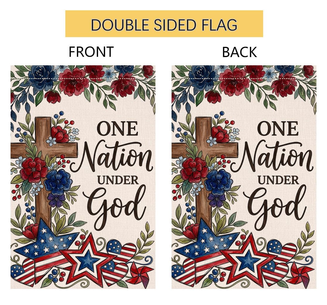 4th of July Floral Garden Flag 12x18 Vertical Double Sided One Nation Under God Red Blue Flowers Memorial Day Independence Day Holiday Outside Decorations Burlap Yard Flag