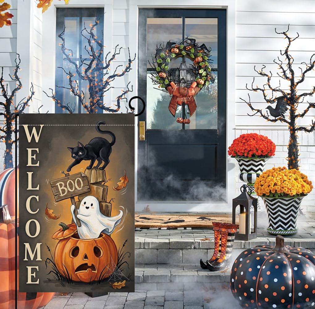 Halloween Welcome Boo Black Cat Garden Flag 12x18 Jack-o-Lantern Yard Decor