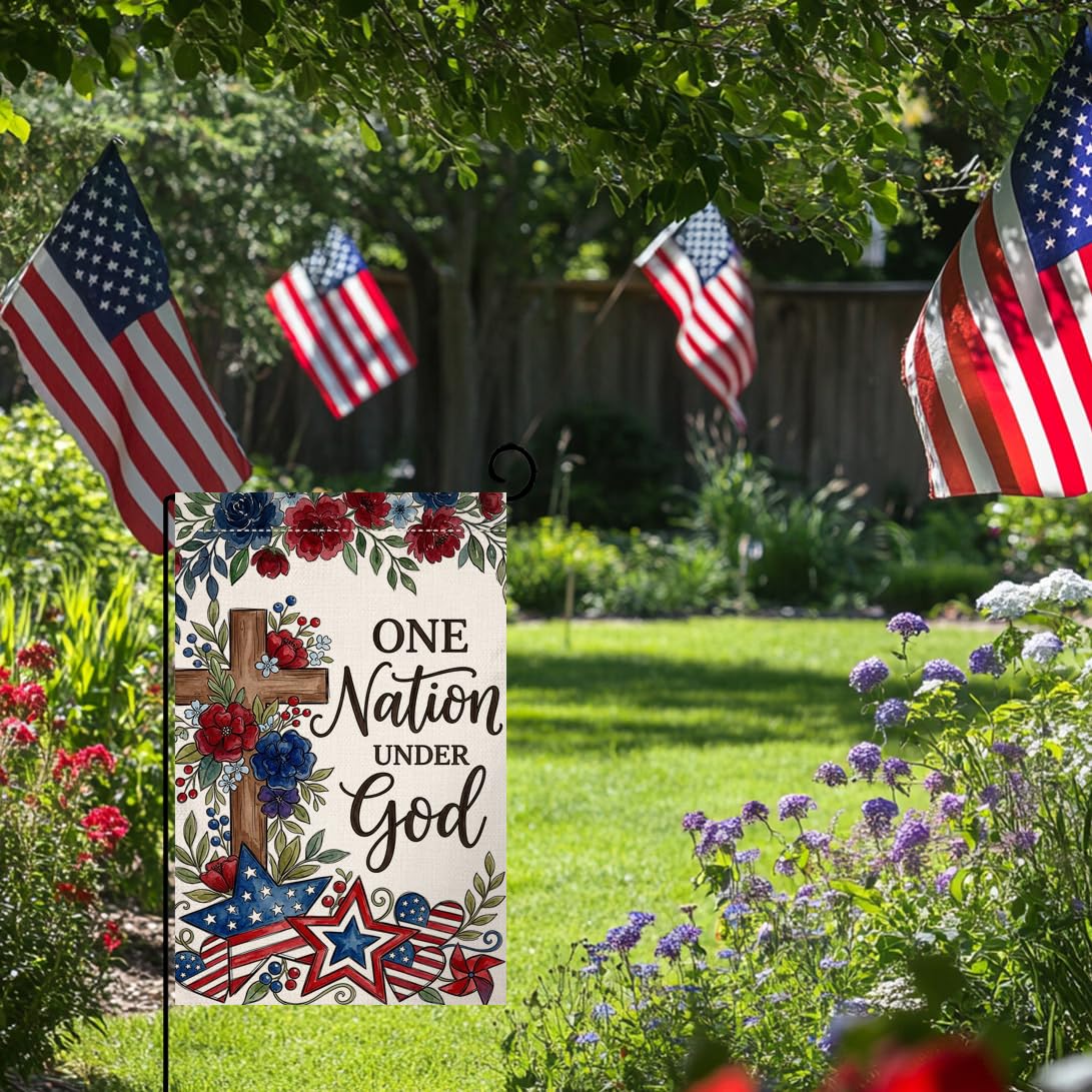 4th of July Floral Garden Flag 12x18 Vertical Double Sided One Nation Under God Red Blue Flowers Memorial Day Independence Day Holiday Outside Decorations Burlap Yard Flag