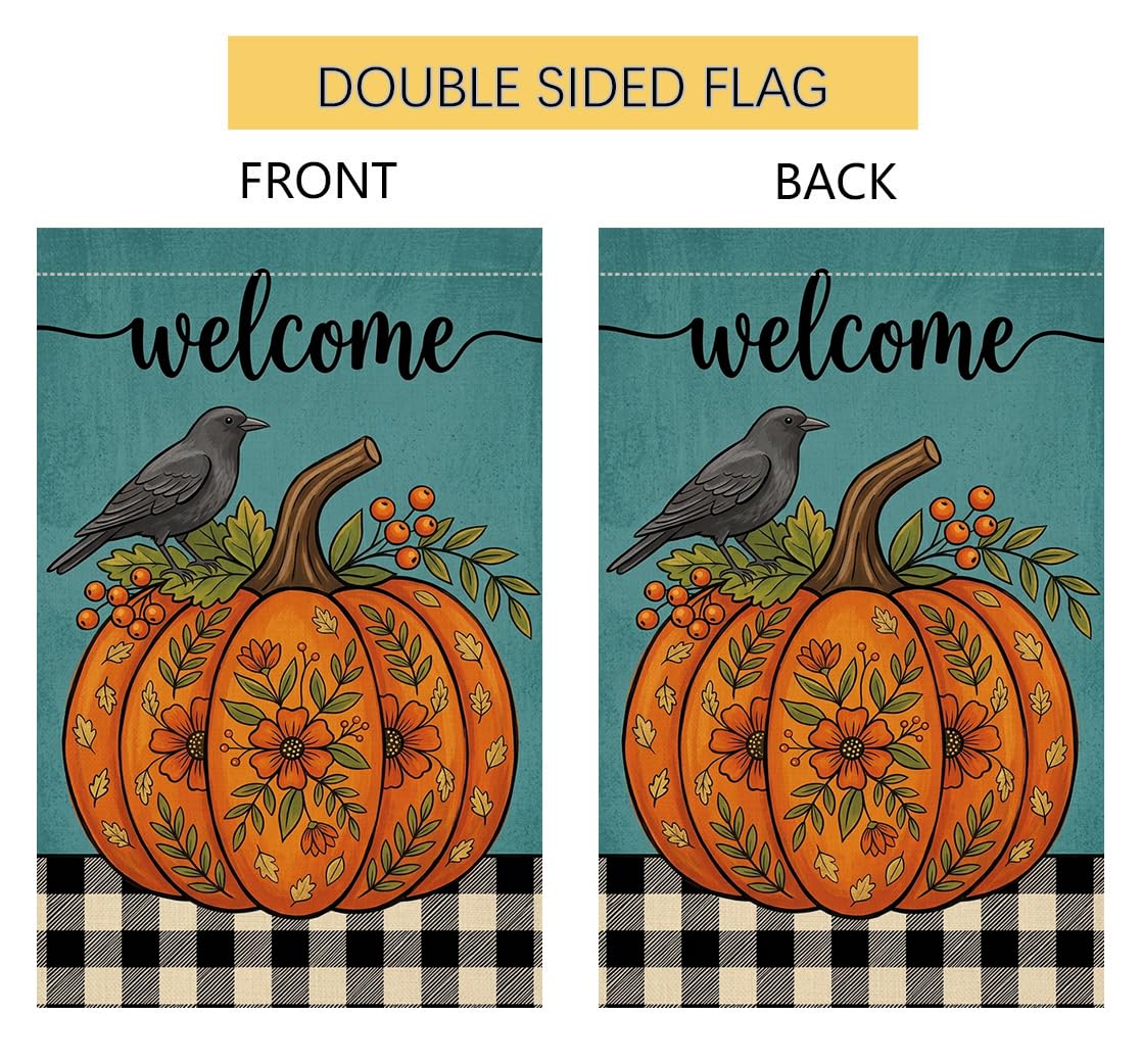 Fall Welcome Floral Pumpkin Garden Flag 12x18 Black Crow Berries Yard Decor