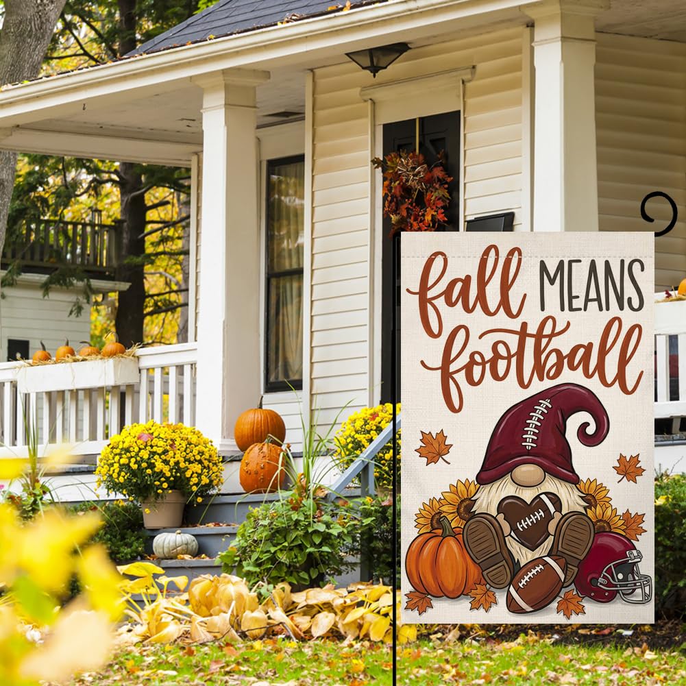 Fall Means Football Gnome Garden Flag 12x18 Pumpkin Helmet Heart Yard Decor