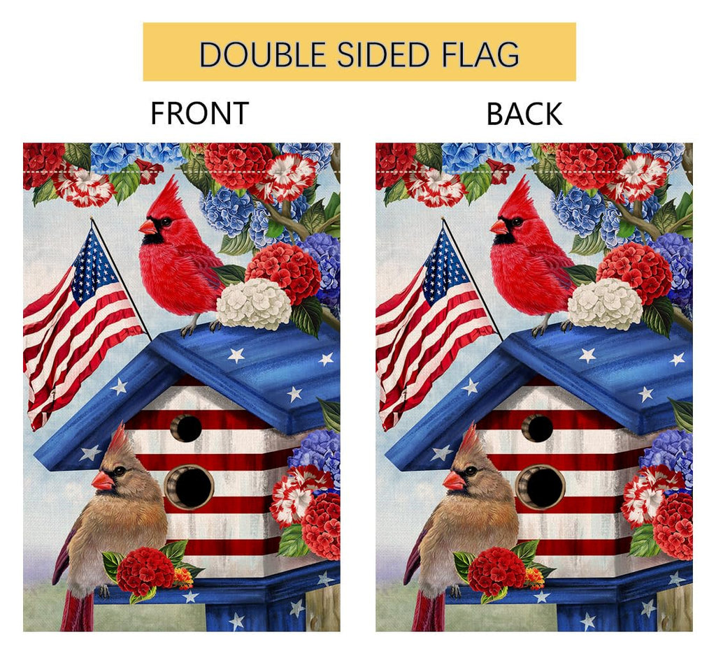 4th of July Cardinal Bird House Flag 28x40 Vertical Double Sided Red Blue Floral Memorial Day Independence Day Holiday Outside Decorations Burlap Yard Flag -40