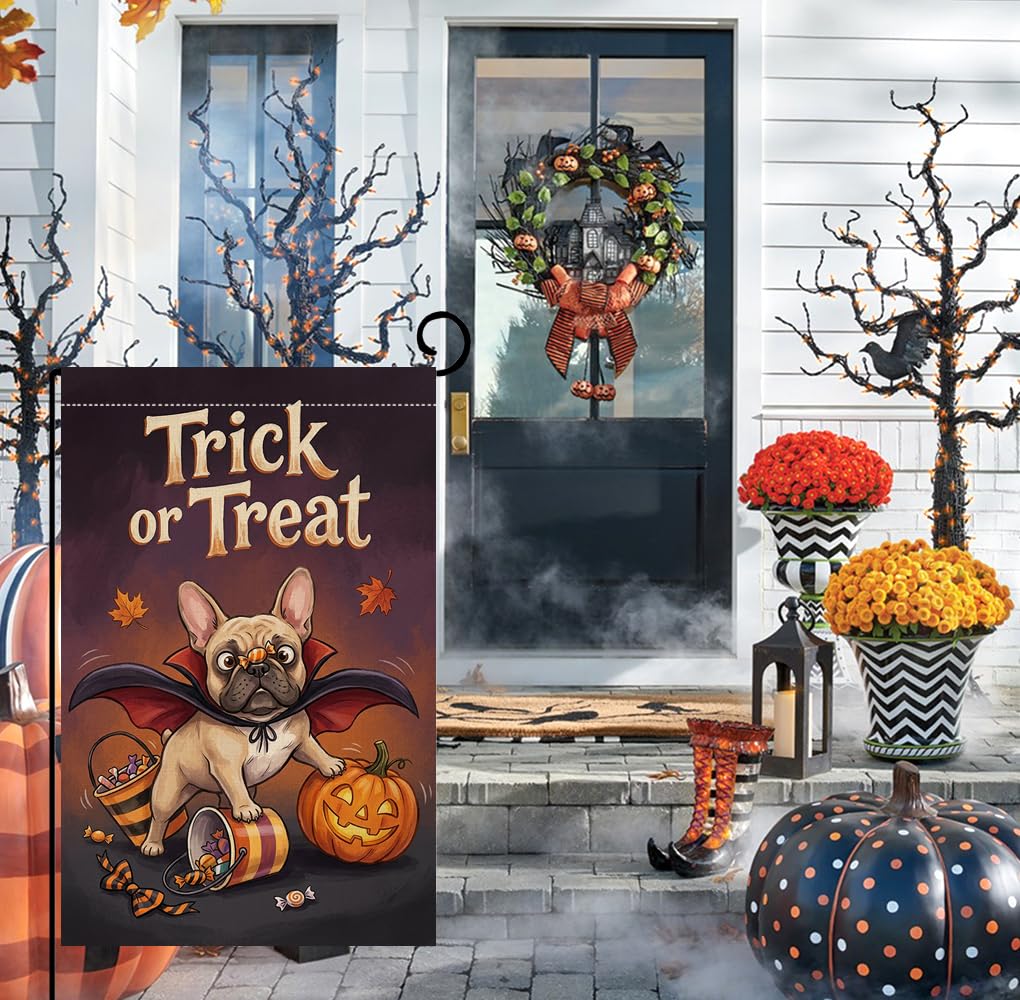 Fall Halloween Trick or Treat Garden Flag 12x18 Vampire Dog Yard Decor