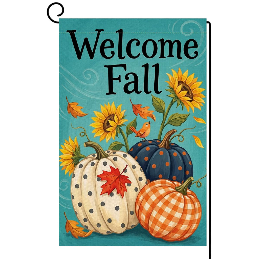 Fall Welcome Pumpkins Garden Flag 12x18 Sunflower Plaid Gingham Yard Decor