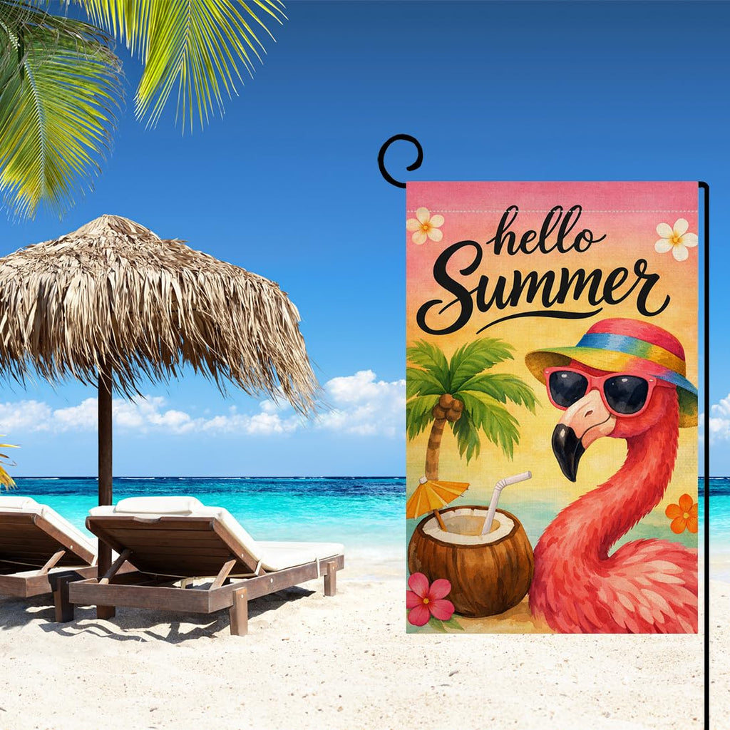 Hello Summer Flamingo Garden Flag 12x18 Vertical Double Sided Welcome Beach Seasonal Holiday Outside Decorations Burlap Yard Flag