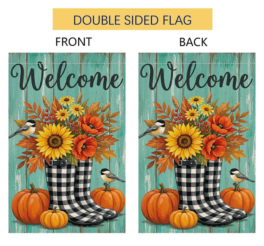 Fall Welcome Plaid Boots Garden Flag 12x18 Sunflower Pumpkin Yard Decor