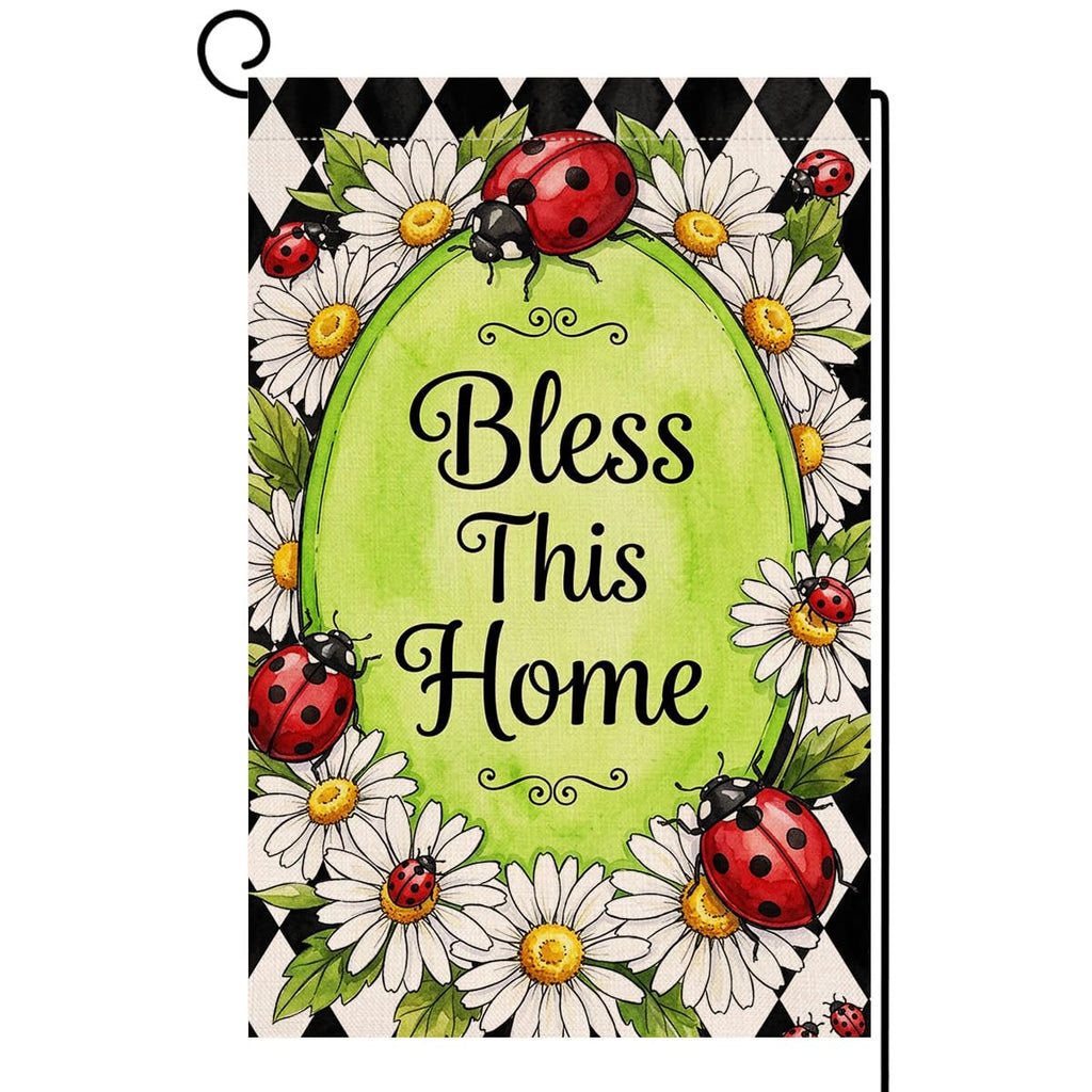 Spring Summer Daisy Garden Flag 12x18 Vertical Double Sided Ladybug Bless This Home Farmhouse Holiday Outside Decorations Burlap Yard Flag