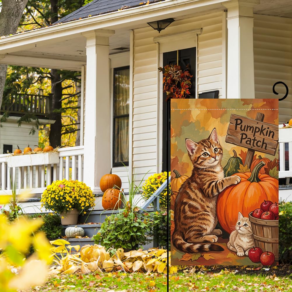 Fall Cat Pumpkin Patch Garden Flag 12x18 Kitten Apple Basket Yard Decor