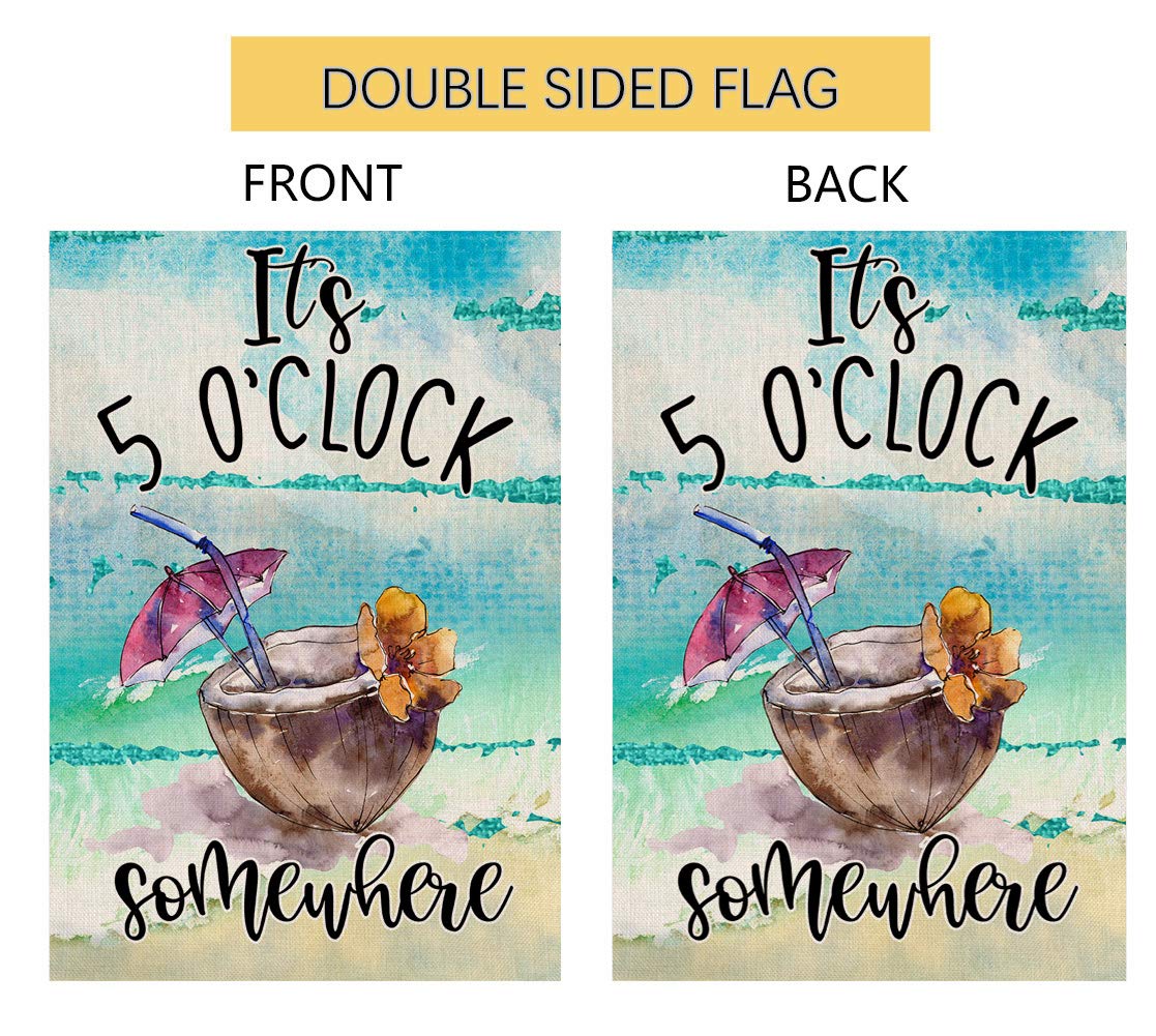 Summer Beach Garden Flag It's 5 O'Clock Somewhere Vertical Double Sided Tropical Fruit Coconut Burlap Yard Outdoor Decor 12.5 x 18 Inches A2152