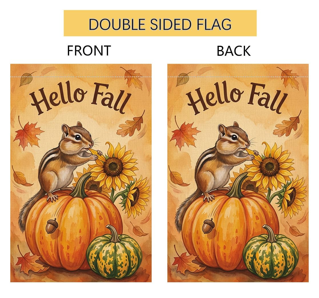 Fall Hello Fall Chipmunk Garden Flag 12x18 Pumpkin Sunflowers Yard Decor