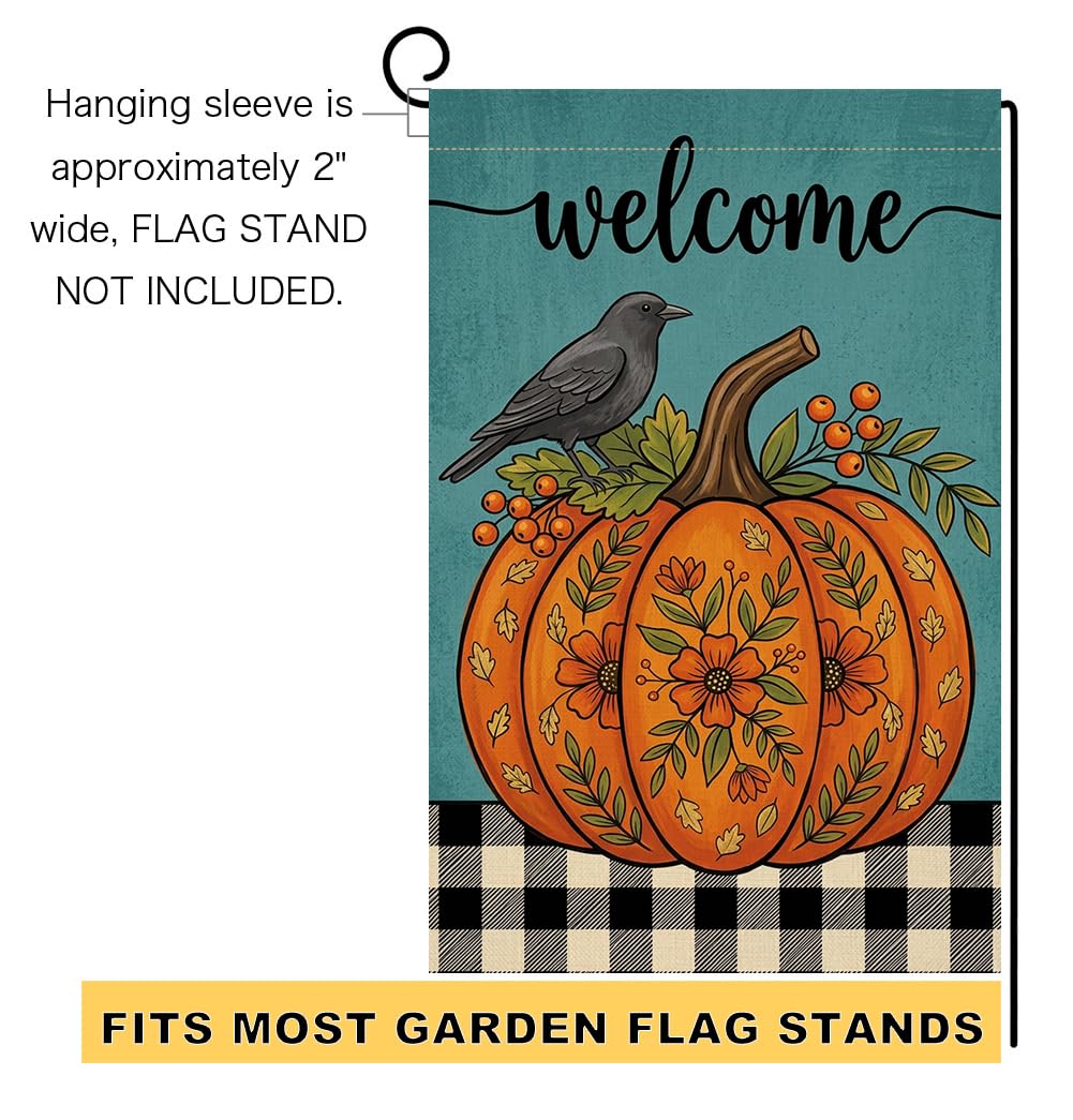 Fall Welcome Floral Pumpkin Garden Flag 12x18 Black Crow Berries Yard Decor