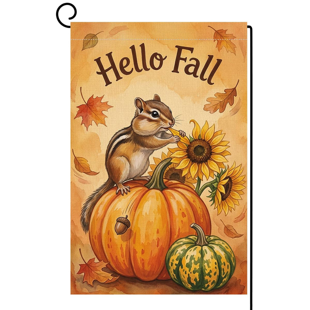 Fall Hello Fall Chipmunk Garden Flag 12x18 Pumpkin Sunflowers Yard Decor