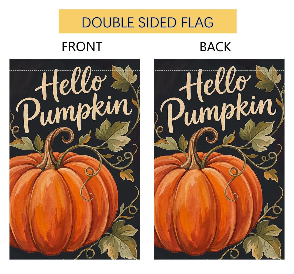 Fall Hello Pumpkin Garden Flag 12x18 Orange Pumpkin Curly Vine Yard Decor