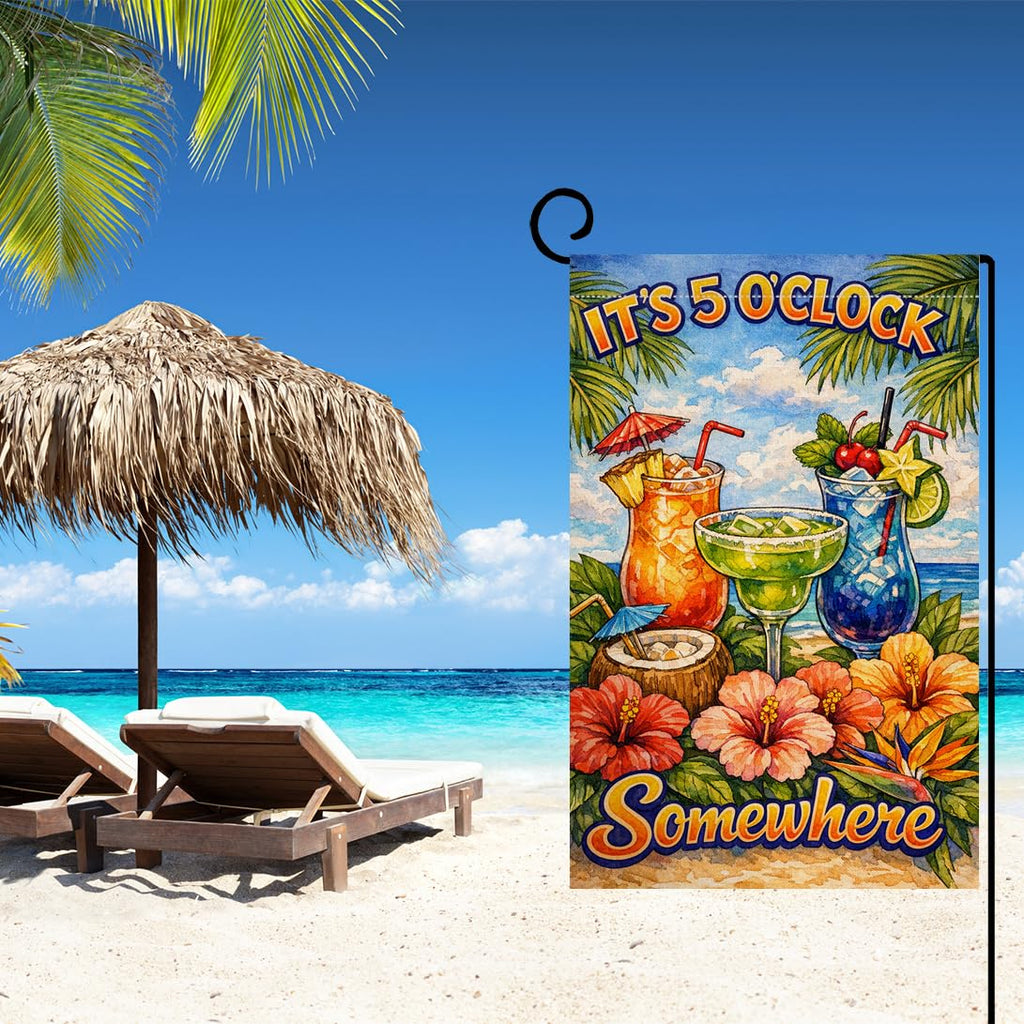Summer Beach Garden Flag 12x18 Vertical Double Sided It's 5 O'Clock Somewhere Seasonal Holiday Outside Decorations Burlap Yard Flag