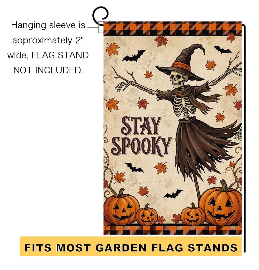Fall Halloween Stay Spooky Skeleton Garden Flag 12x18 Witch Hat Yard Decor