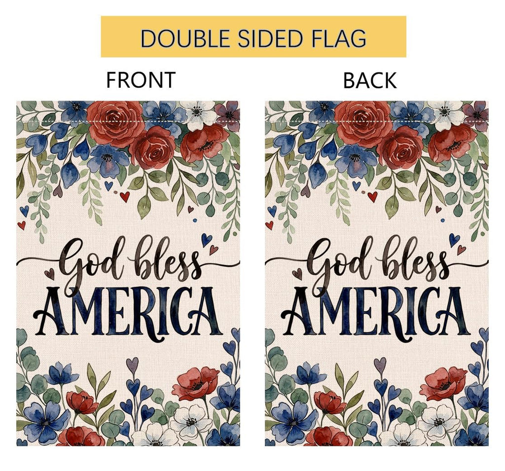 4th of July Floral Garden Flag 12x18 Vertical Double Sided God Bless America Patriotic Flowers Memorial Day Independence Day Holiday Outside Decorations Burlap Yard Flag