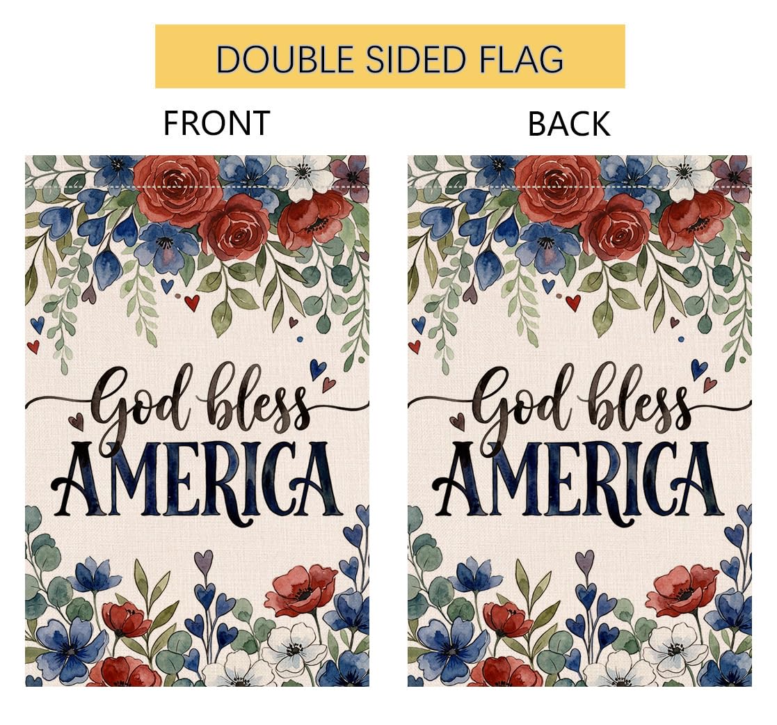 4th of July Floral Garden Flag 12x18 Vertical Double Sided God Bless America Patriotic Flowers Memorial Day Independence Day Holiday Outside Decorations Burlap Yard Flag