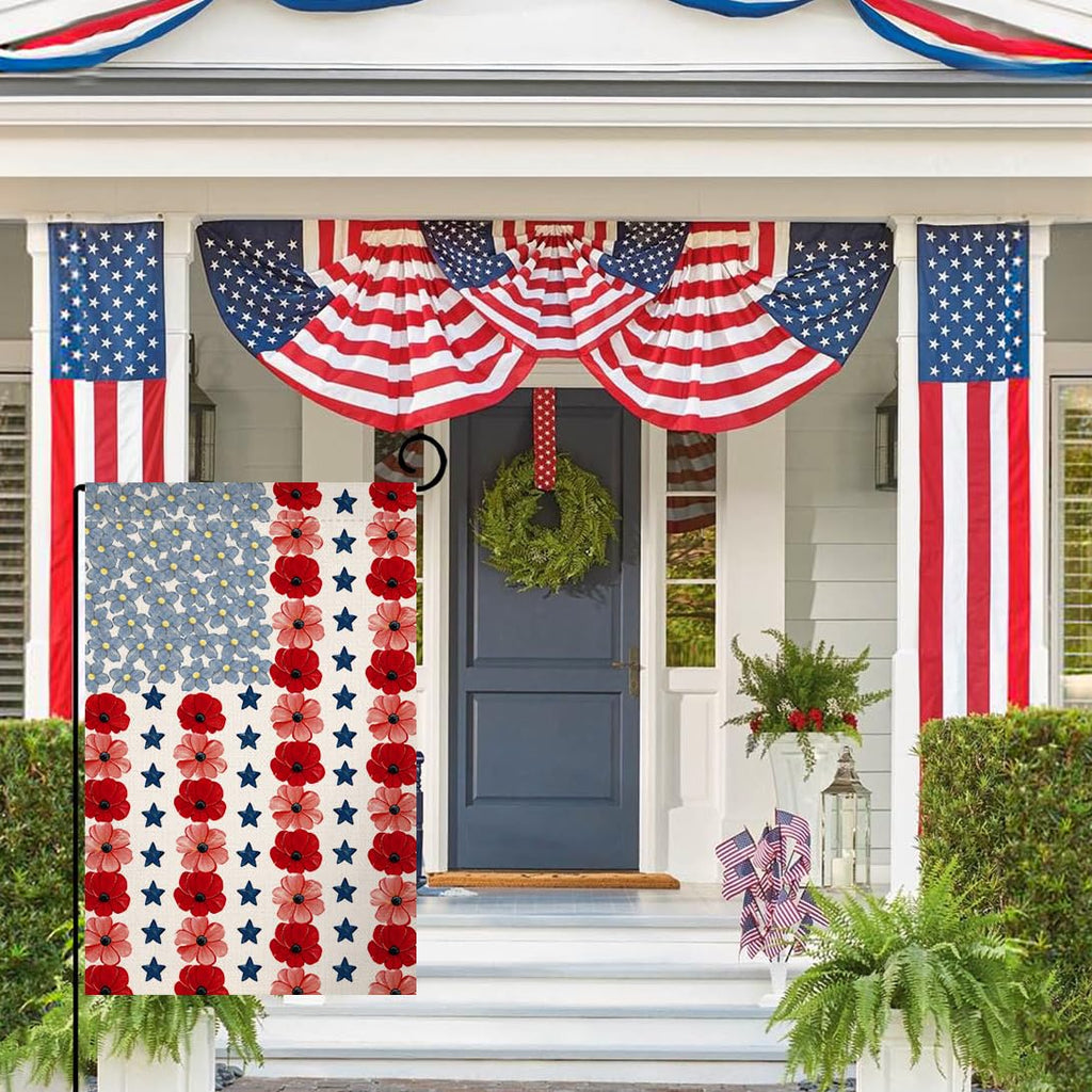 Memorial Day Garden Flag 12x18 Vertical Double Sided Myosotis Poppy 4th of July Banner Patriotic Independence Day Outside Decorations Burlap Yard Flag
