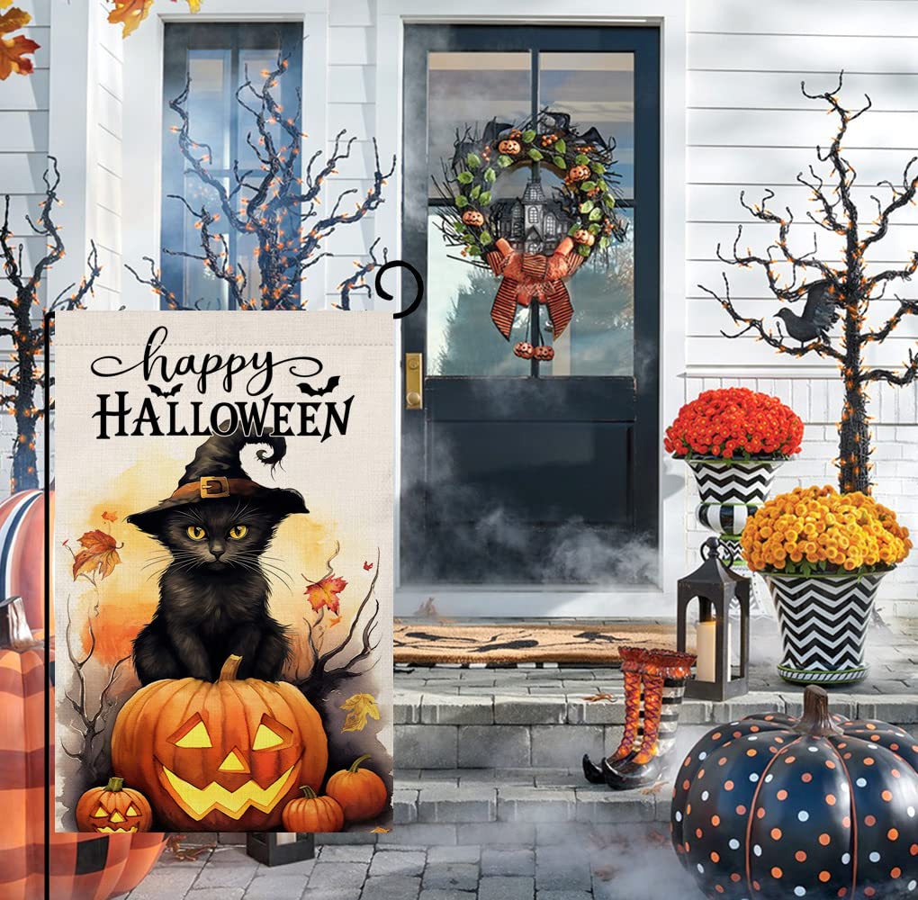Halloween Cat Garden Flag 12x18 Vertical Double Sided Happy Halloween Pumpkin Holiday Outside Decorations Burlap Yard Flag