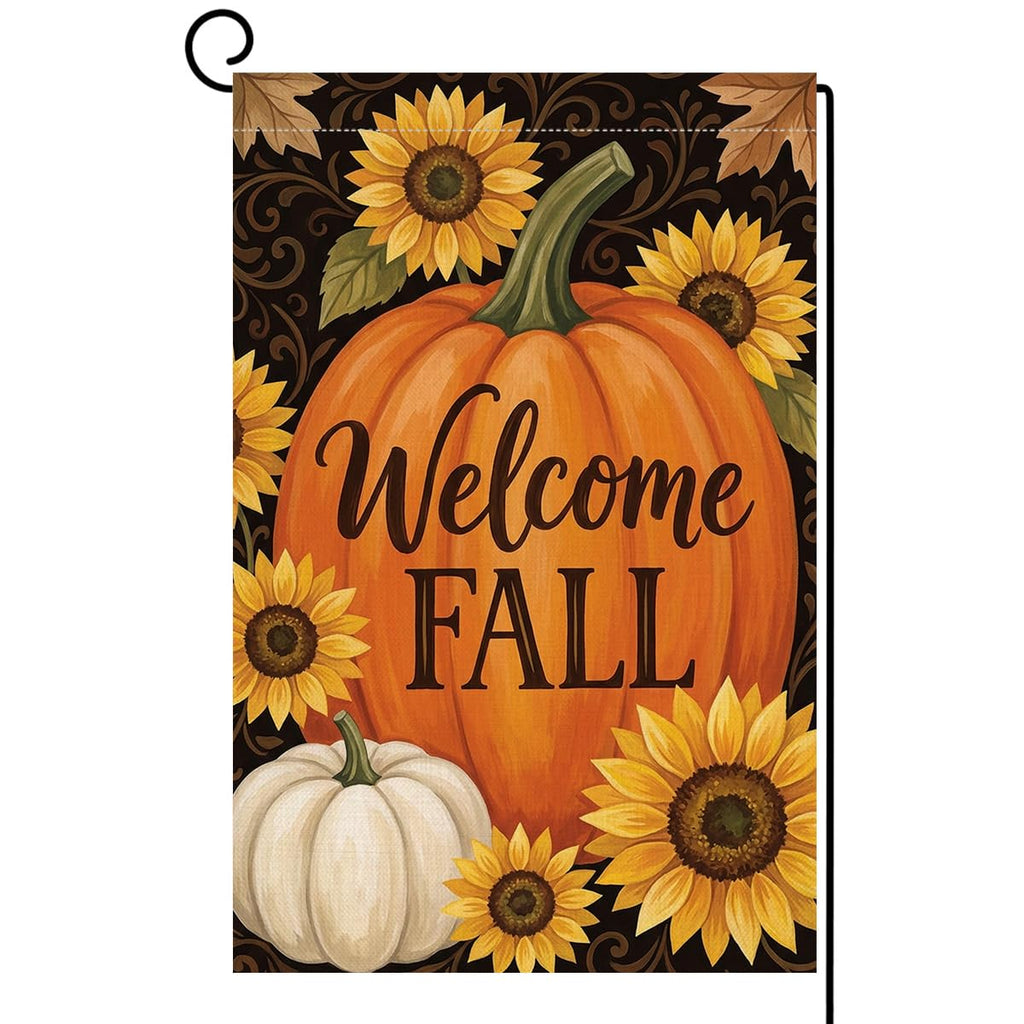 Fall Welcome Pumpkin Garden Flag 12x18 Sunflowers White Pumpkin Yard Decor