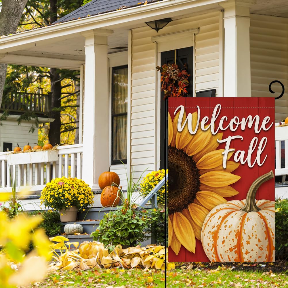 Fall Welcome Fall Sunflower Garden Flag 12x18 White Pumpkin Yard Decor