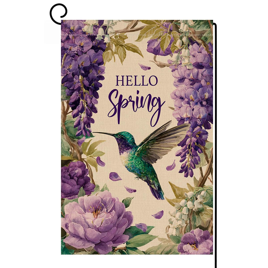 Hello Spring Bird Garden Flag 12x18 Vertical Double Sided Purple Flowers Farmhouse Holiday Outside Decorations Burlap Yard Flag