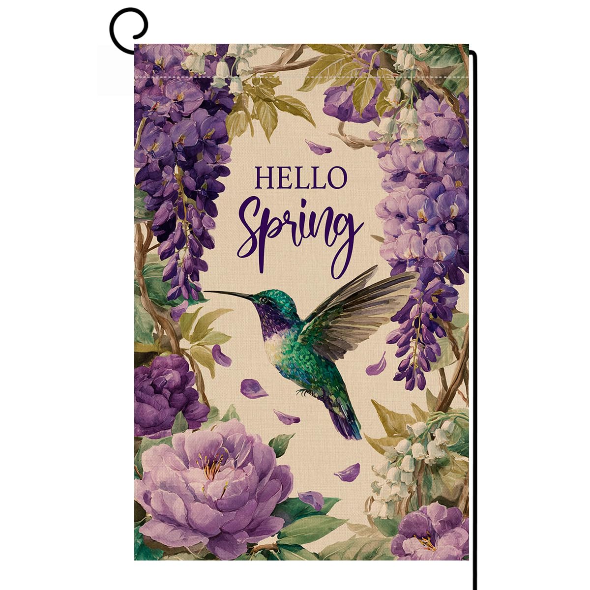 Hello Spring Bird Garden Flag 12x18 Vertical Double Sided Purple Flowers Farmhouse Holiday Outside Decorations Burlap Yard Flag