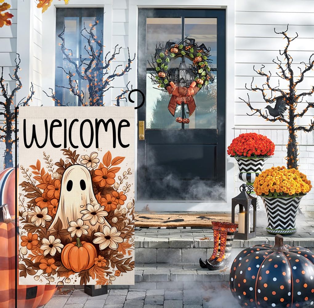 Halloween Ghost Garden Flag 12x18 Vertical Double Sided Spooky Pumpkin Fall Holiday Outside Decorations Burlap Yard Flag