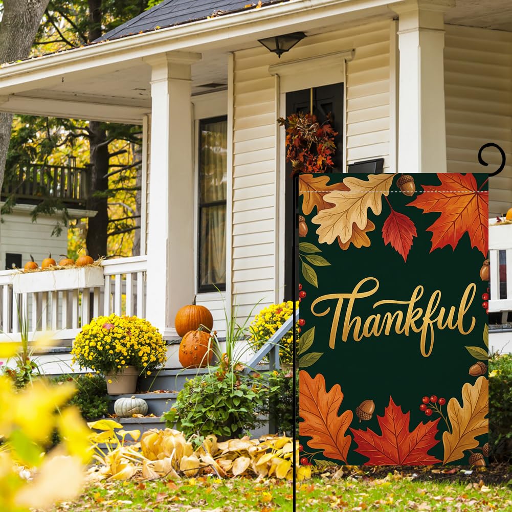 Fall Thanksgiving Thankful Garden Flag 12x18 Maple Leaves Acorns Yard Decor