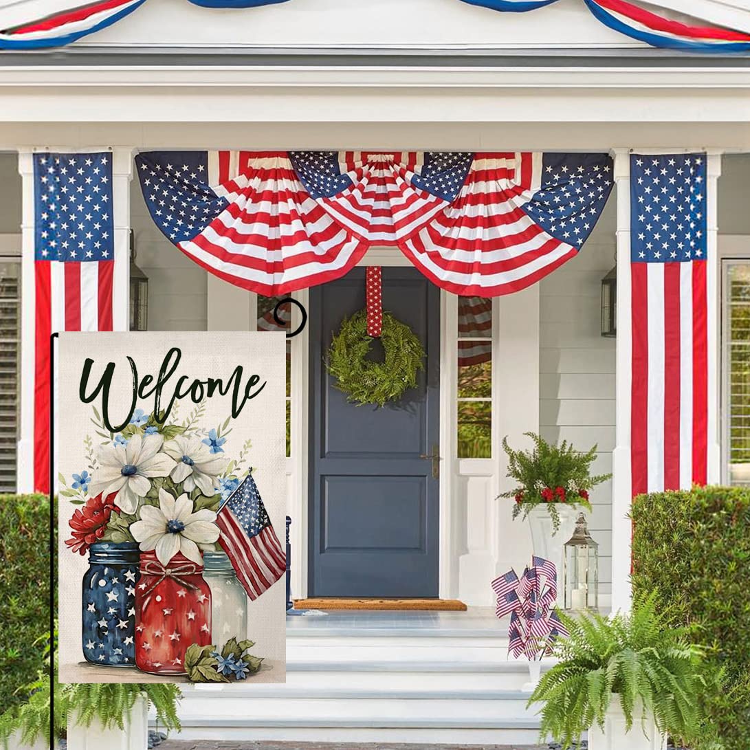 4th of July Floral Garden Flag 12x18 Vertical Double Sided Patriotic Mason Jar Flowers Red Blue Memorial Day Independence Day Holiday Outside Decorations Burlap Yard Flag