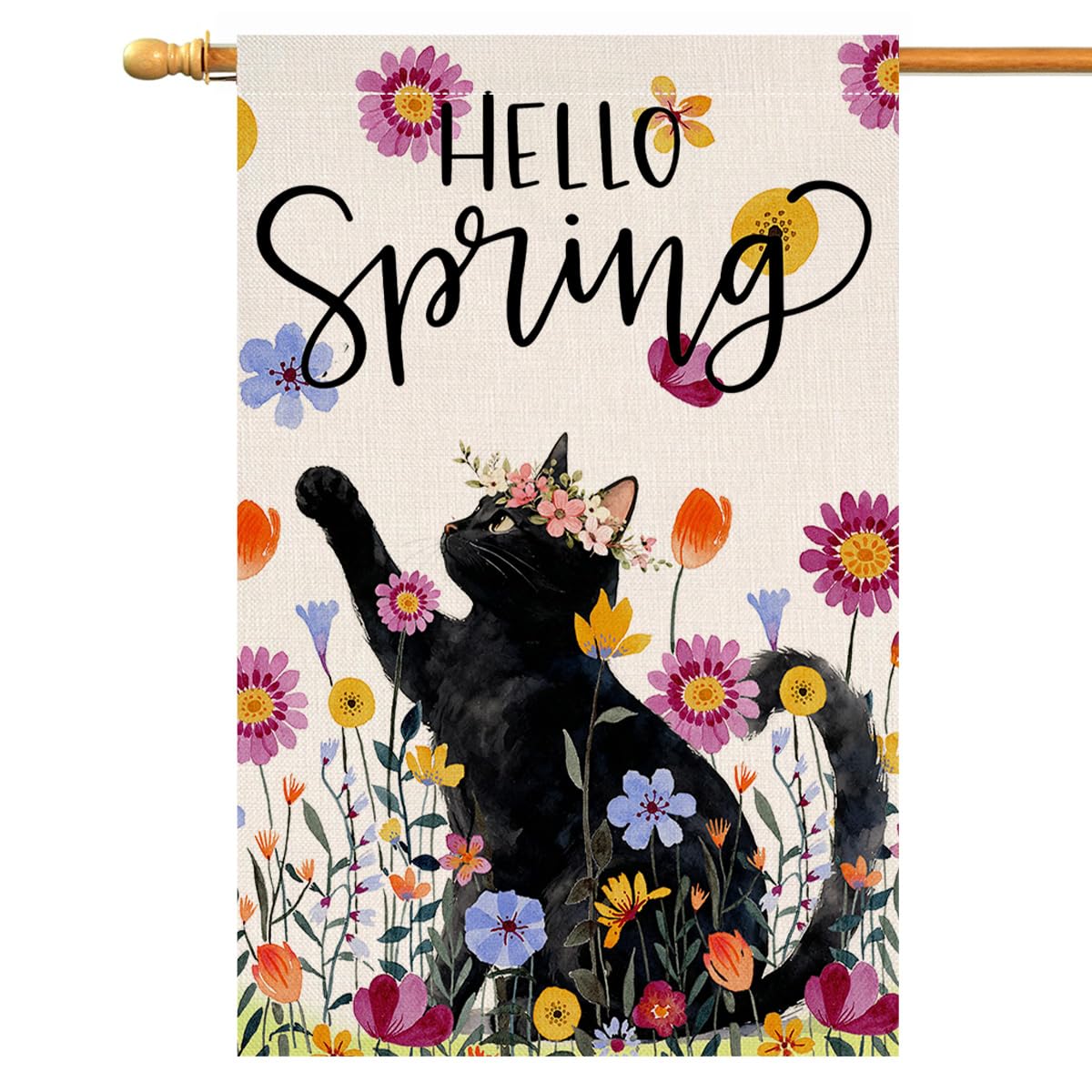 Spring Cat Floral Garden Flag Vertical Double Sided Purple Flowers Summer Farmhouse Holiday Outside Decorations Burlap Yard Flag