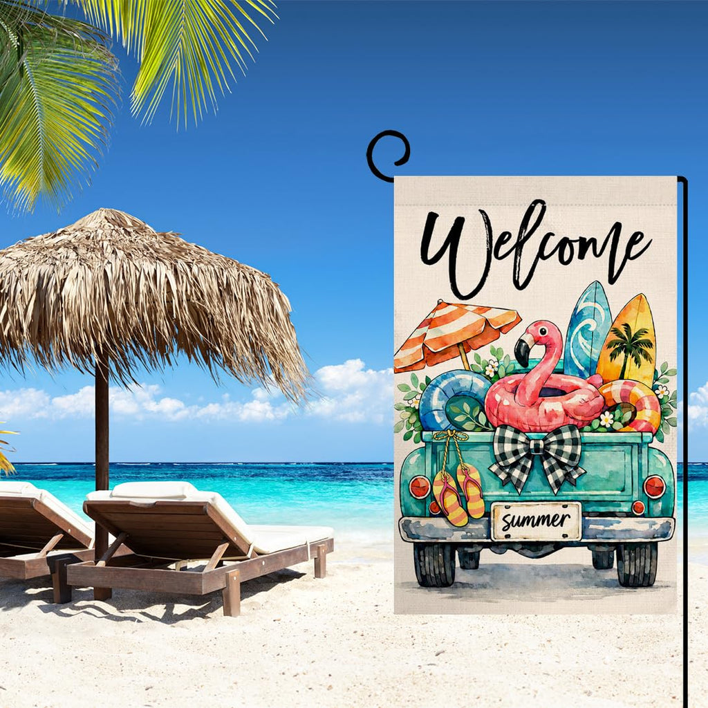 Summer Beach Truck Garden Flag 12x18 Vertical Double Sided Welcome Spring Seasonal Holiday Outside Decorations Burlap Yard Flag