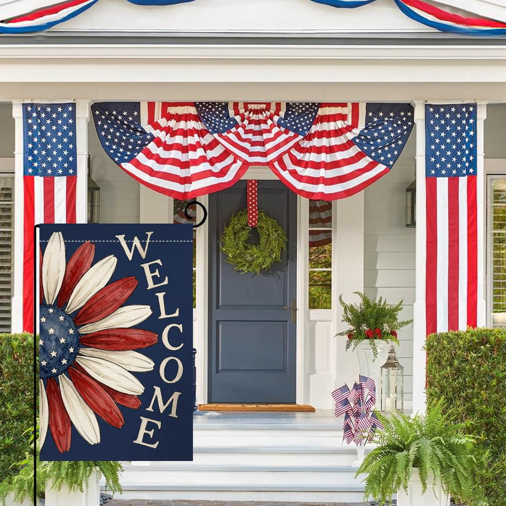 4th of July Floral Garden Flag 12x18 Vertical Double Sided Welcome Memorial Day Independence Day Holiday Outside Decorations Burlap Yard Flag