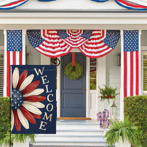 4th of July Floral Garden Flag 12x18 Vertical Double Sided Welcome Memorial Day Independence Day Holiday Outside Decorations Burlap Yard Flag