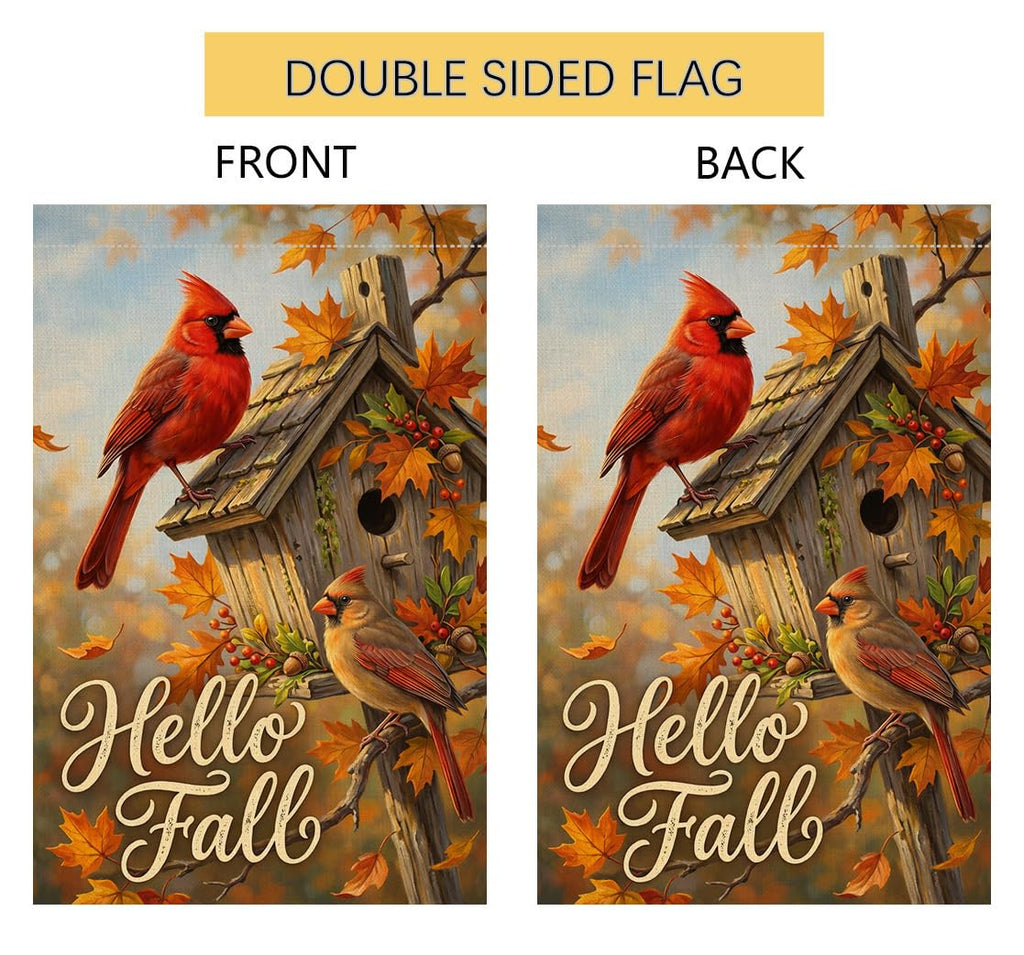 Fall Hello Fall Cardinal Birds Garden Flag 12x18 Birdhouse Maple Yard Decor