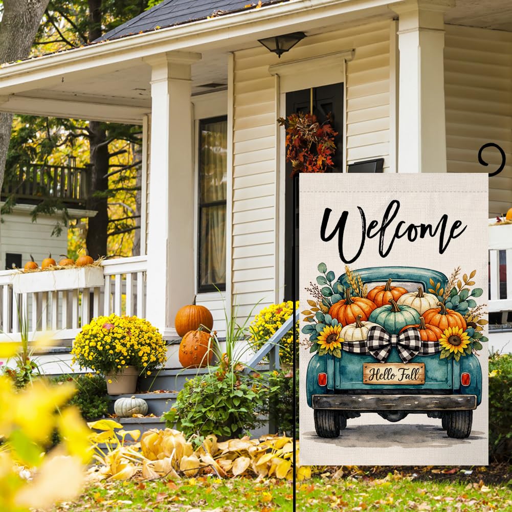 Fall Welcome Blue Truck Garden Flag 12x18 Pumpkins Hello Fall Yard Decor