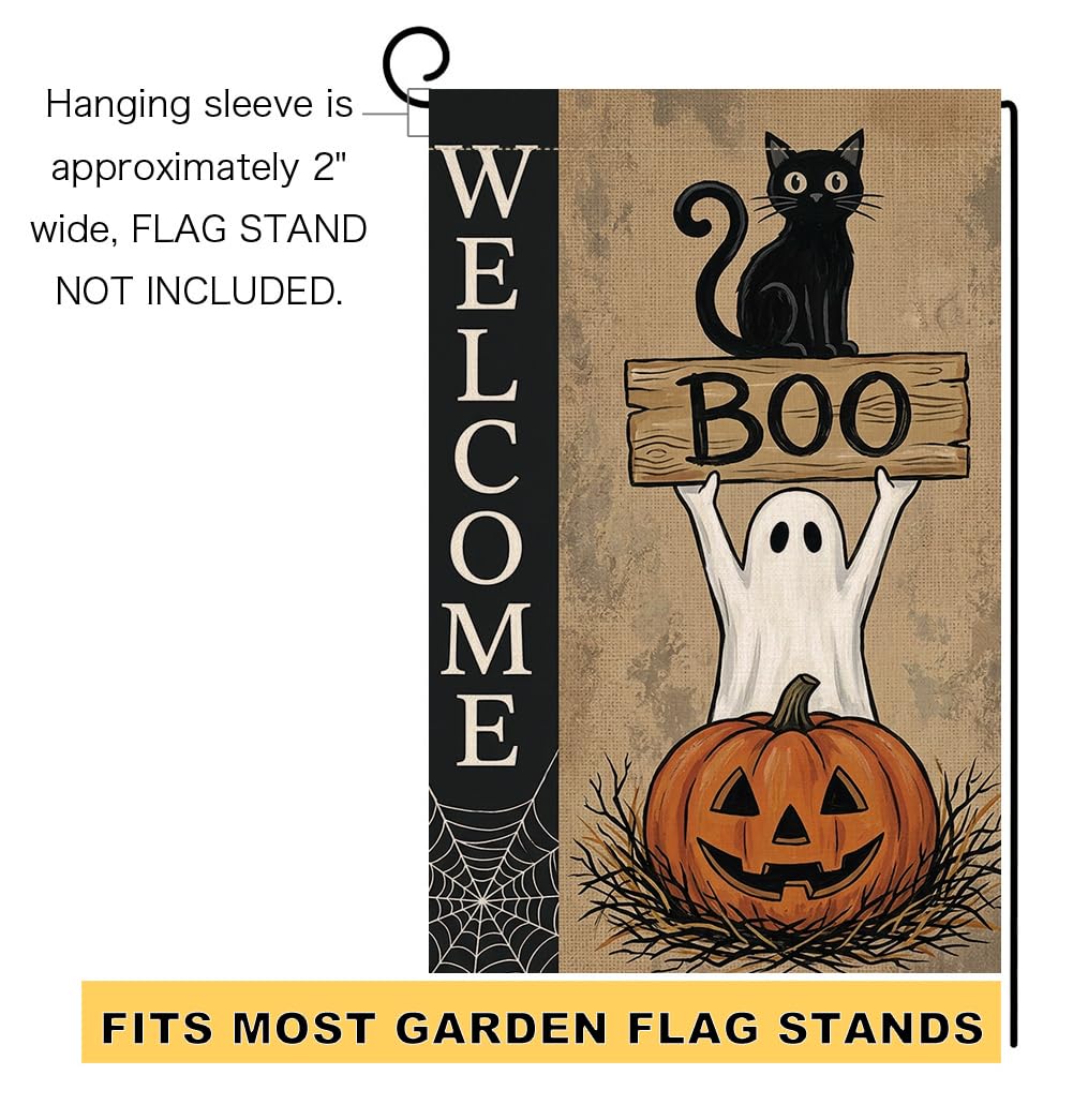 Halloween Welcome Boo Black Cat Garden Flag 12x18 Ghost Pumpkin Yard Decor