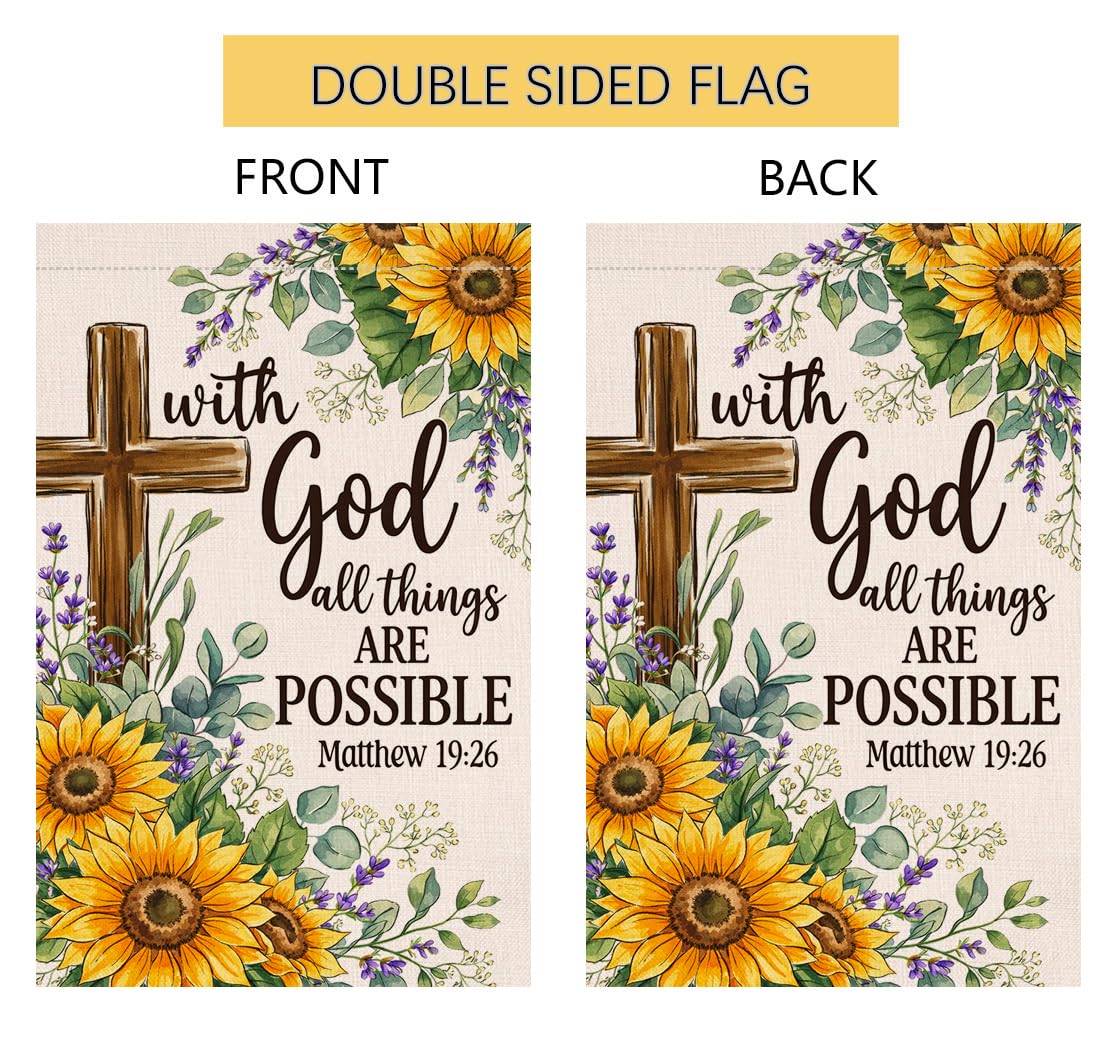 Summer Sunflower Garden Flag 12x18 Vertical Double Sided With God All Things Are Possible Floral Spring Farmhouse Holiday Outside Decorations Burlap Yard Flag