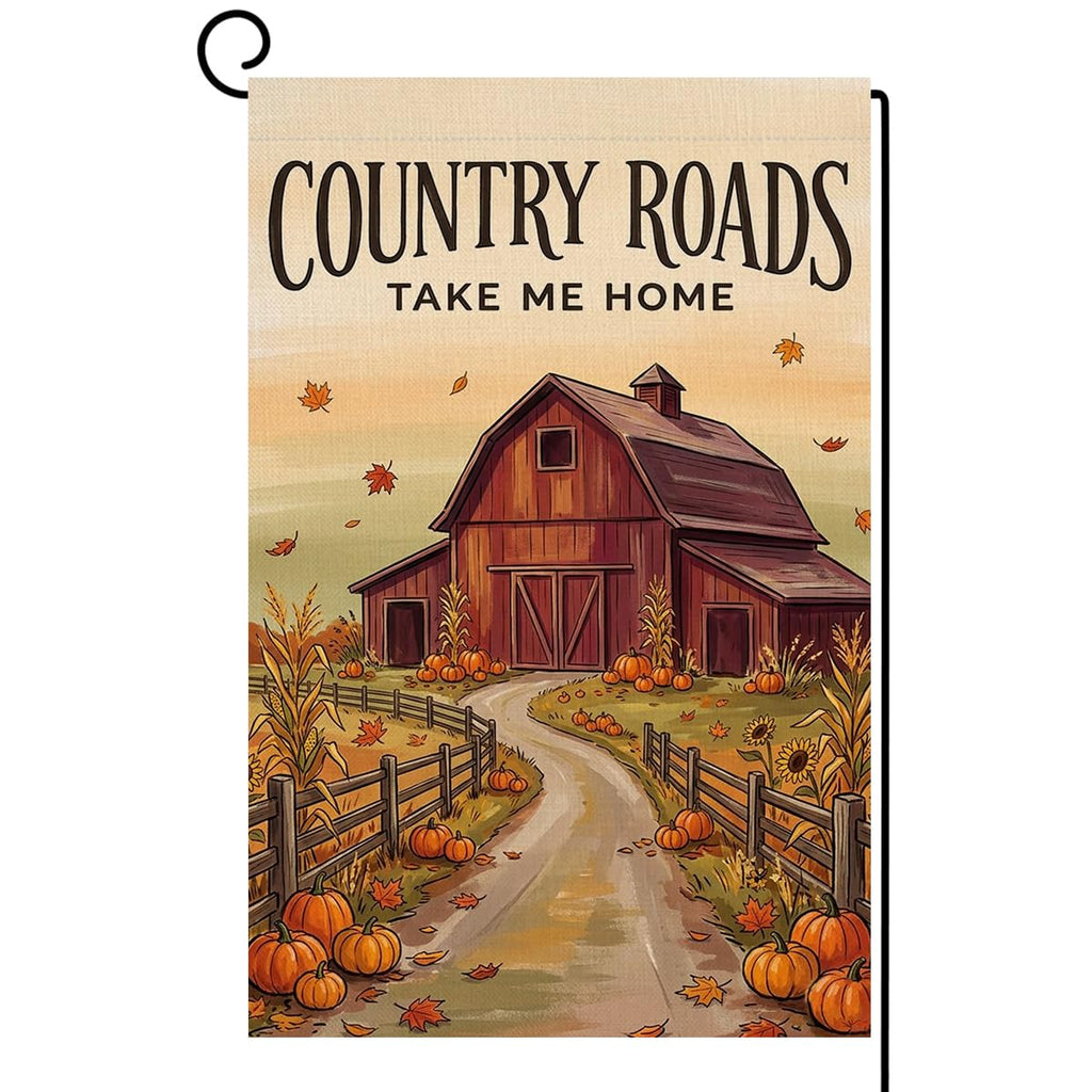 Fall Country Roads Take Me Home Garden Flag 12x18 Red Barn Farm Yard Decor