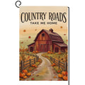 Fall Country Roads Take Me Home Garden Flag 12x18 Red Barn Farm Yard Decor