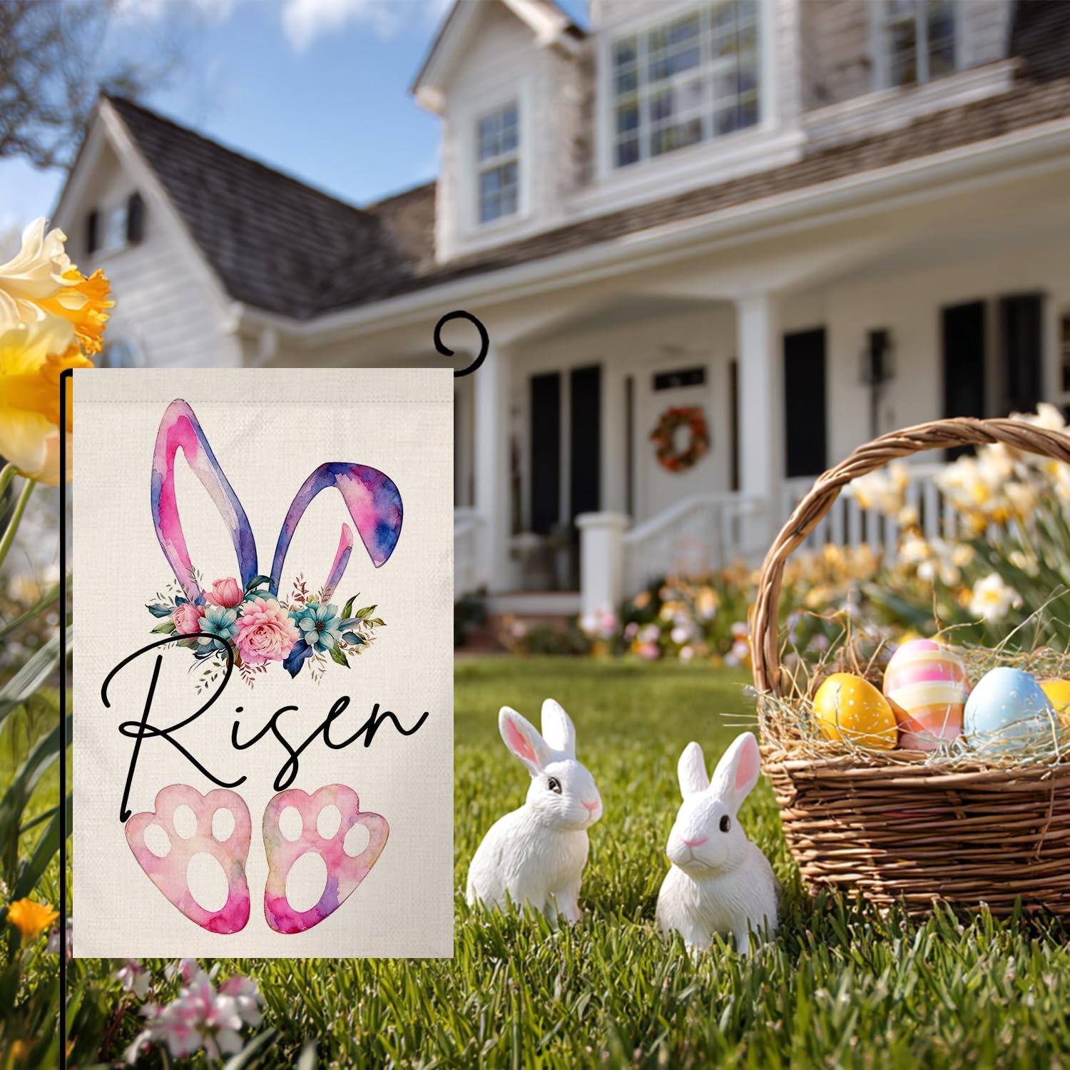Easter Bunny Paw Garden Flag 12x18 Vertical Double Sided Risen Flowers Spring Farmhouse Holiday Outside Decorations Burlap Yard Flag
