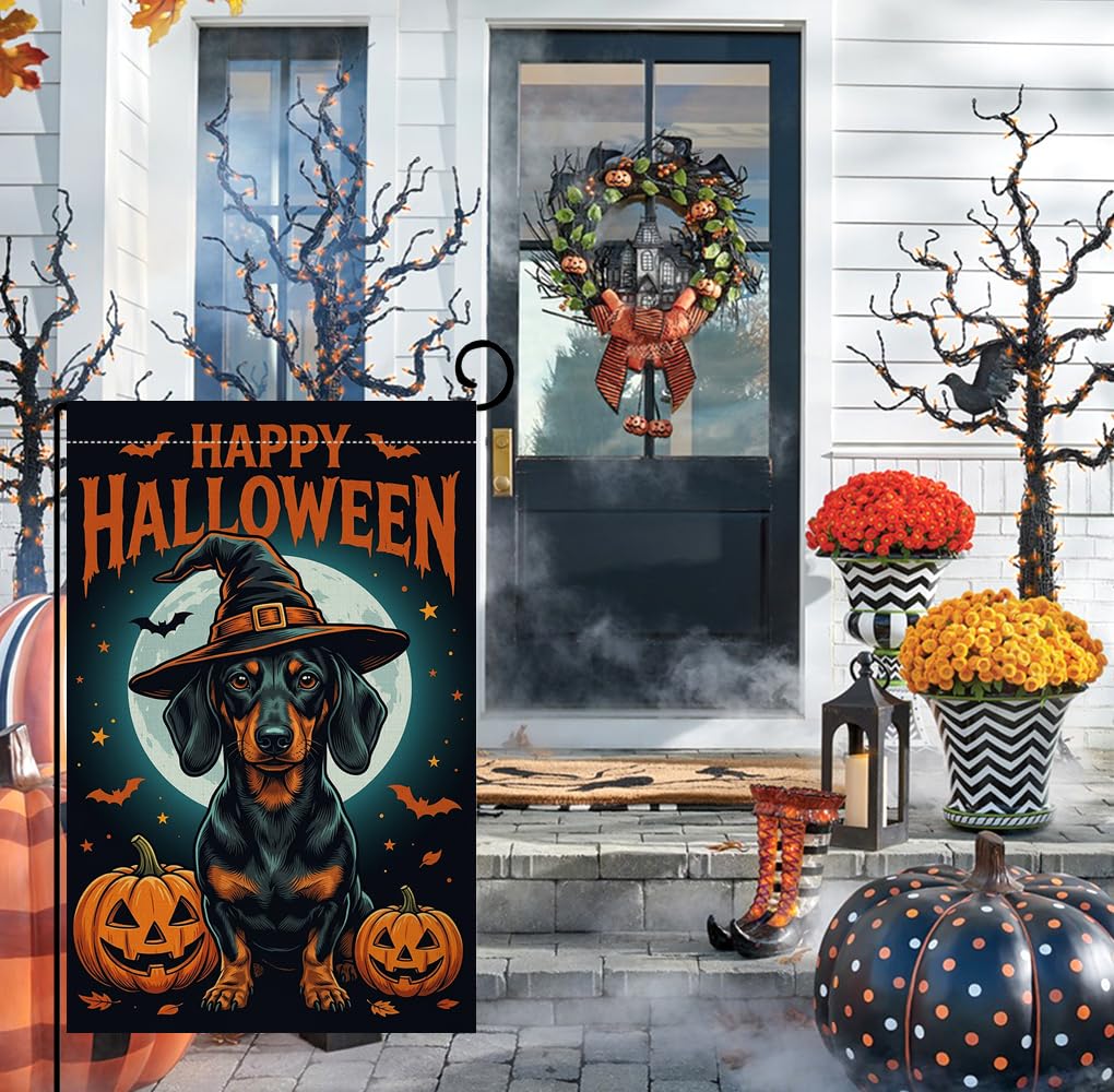 Fall Halloween Dachshund Witch Hat Garden Flag 12x18 Pumpkins Yard Decor