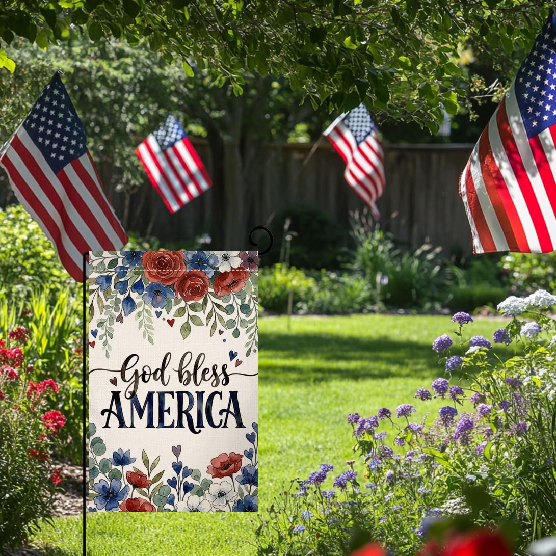 4th of July Floral Garden Flag 12x18 Vertical Double Sided God Bless America Patriotic Flowers Memorial Day Independence Day Holiday Outside Decorations Burlap Yard Flag