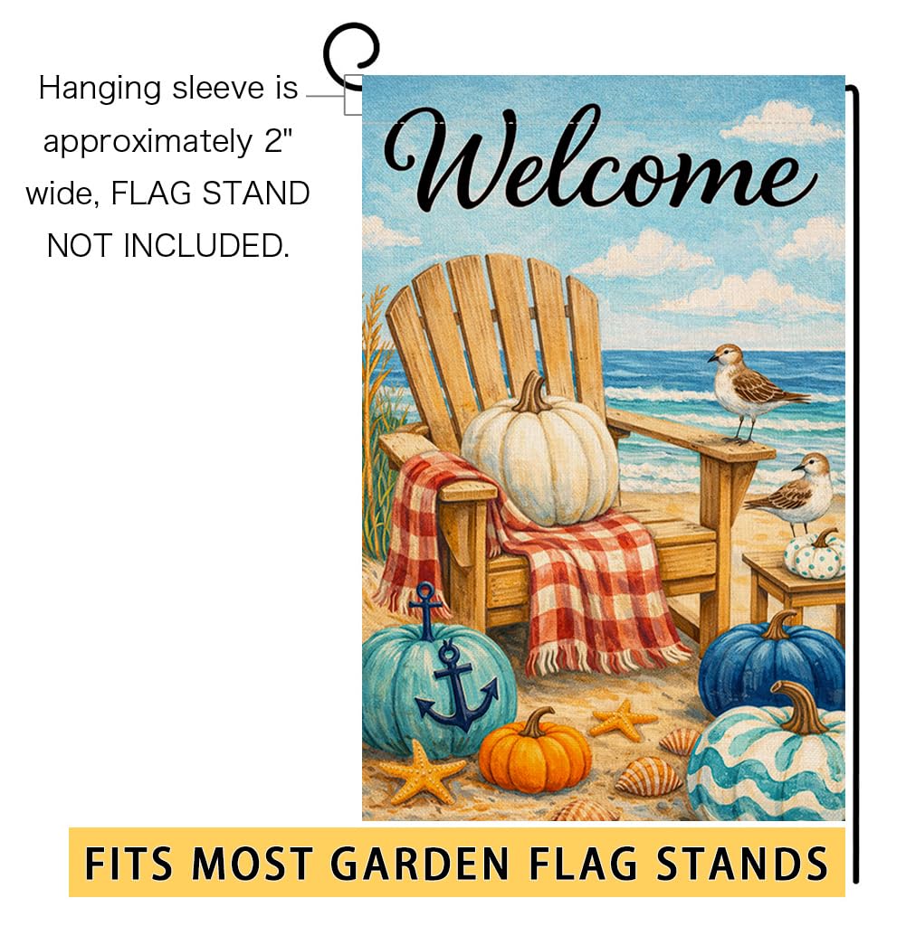 Fall Beach Welcome Pumpkin Garden Flag 12x18 Adirondack Chair Yard Decor