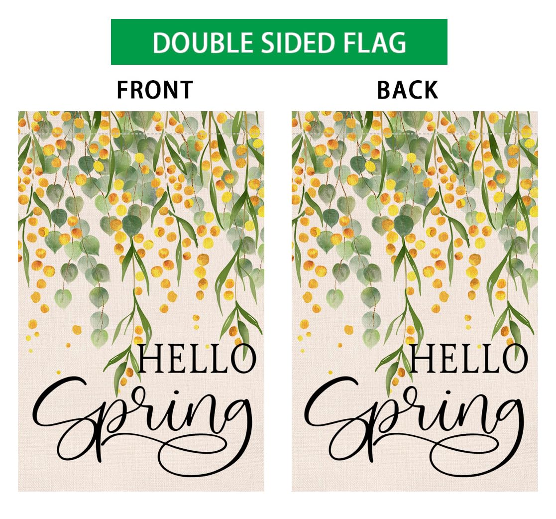 Spring Eucalyptus Garden Flag 12x18 Vertical Double Sided Green Mimosa Hello Spring Farmhouse Holiday Outside Decorations Burlap Yard Flag