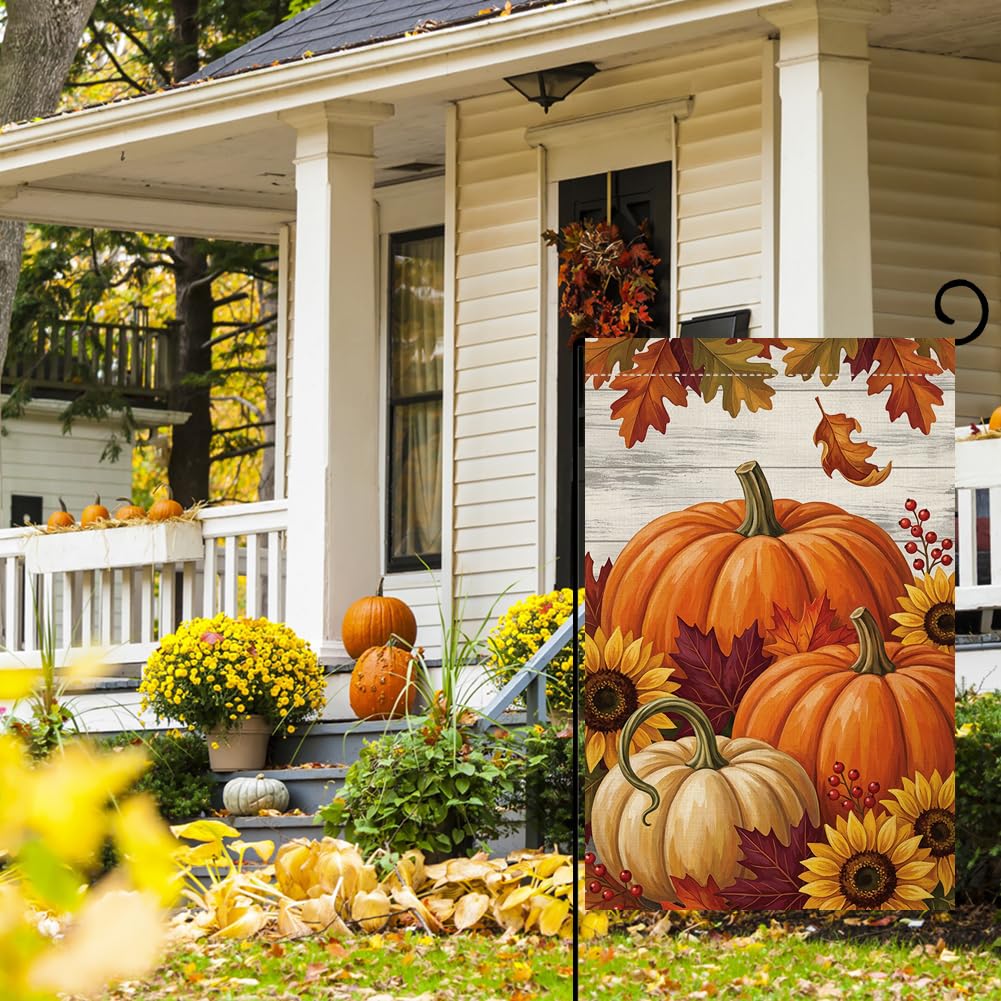 Fall Pumpkin Farmhouse Garden Flag 12x18 Sunflowers Maple Leaves Yard Decor