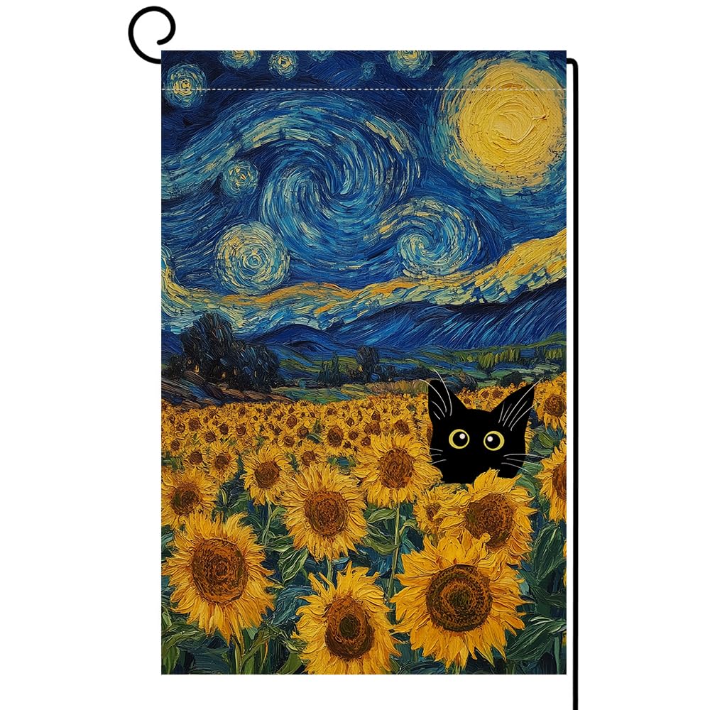 Summer Sunflower Cat Garden Flag 12x18 Vertical Double Sided Blue Sky Welcome Farmhouse Holiday Outside Decorations Burlap Yard Flag
