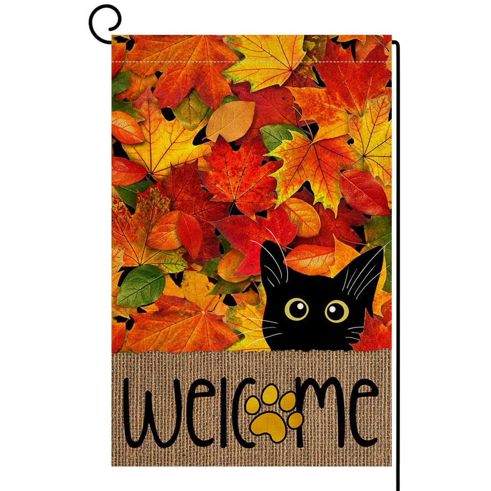 Spring Cat Flowers Garden Flag 12x18 Vertical Double Sided Purple Flowers Summer Farmhouse Holiday Outside Decorations Burlap Yard Flag