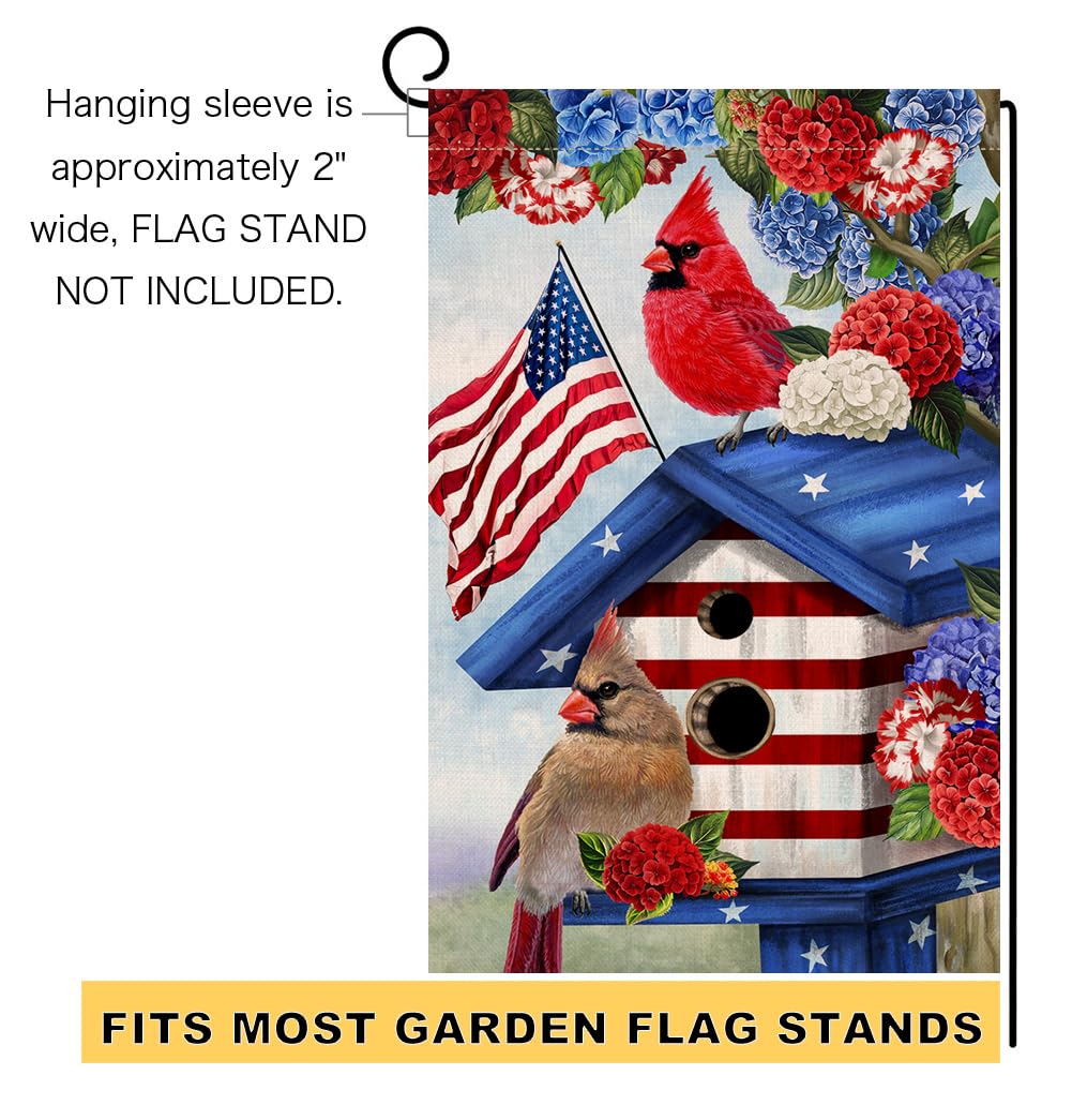 4th of July Cardinal Bird Garden Flag 12x18 Vertical Double Sided Red Blue Floral Memorial Day Independence Day Holiday Outside Decorations Burlap Yard Flag